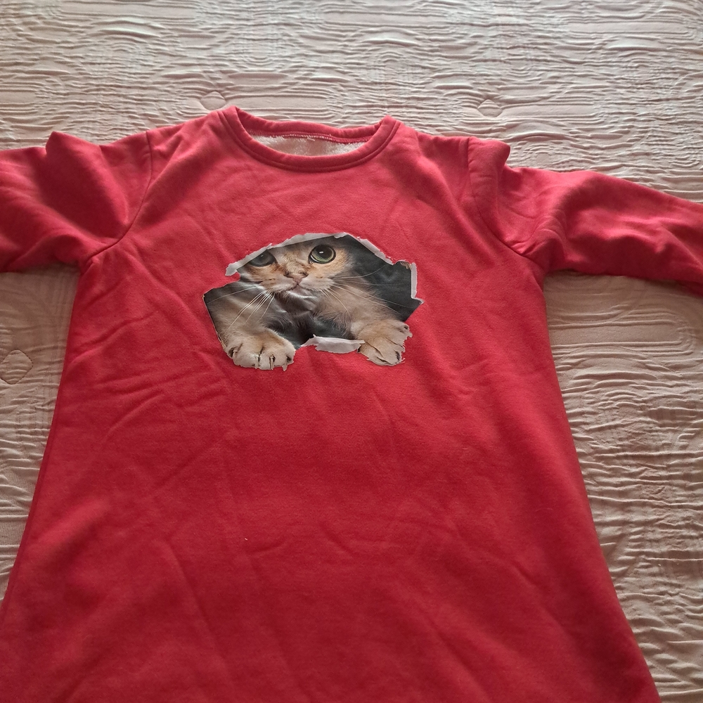 Red Long Sleeve Cat Print Shirt